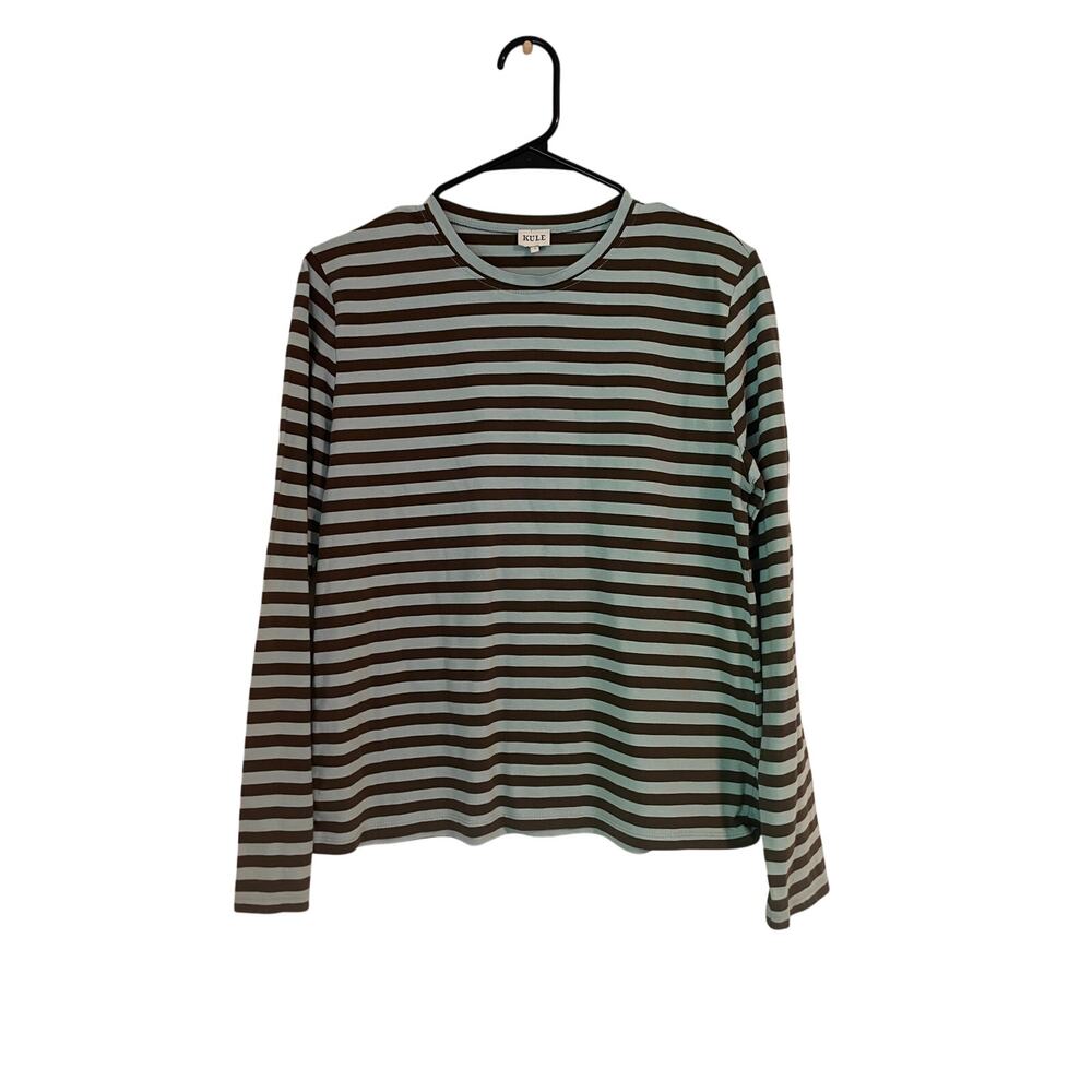 Kule Striped Long Sleeve Tee Blue Brown Cotton Crewneck Shirt Size Small